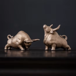 Chinesische Katzenfigur Ochse aus Keramik — Hellbronze-Duo
