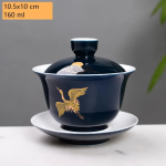 Chinesischer Gaiwan aus Porzellan mit Golddekor — Dunkelblau, Kranich nach links gewandt