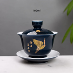 Chinesischer Gaiwan aus Porzellan mit Golddekor — Dunkelblau, Kranich nach rechts gewandt