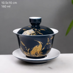 Chinesischer Gaiwan aus Porzellan mit Golddekor — Nachtblaue Untertasse, Vogel im Gras