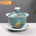 Chinesischer Gaiwan aus Porzellan mit Golddekor — Türkise Untertasse, Vogel im Gras