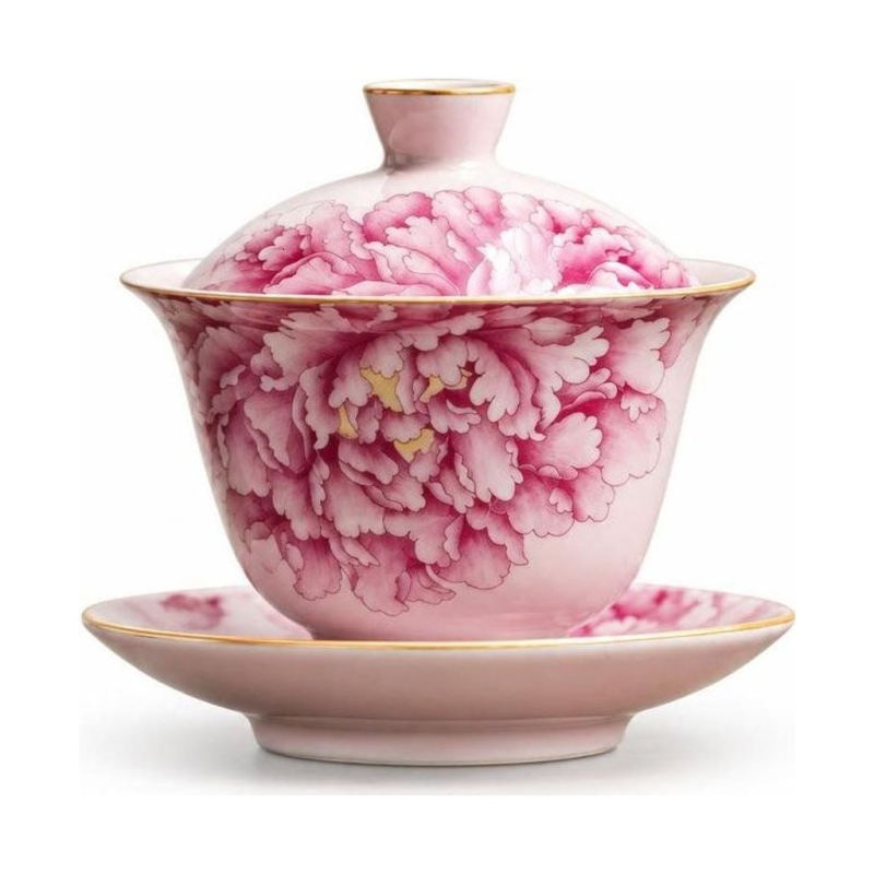 Chinesischer Gaiwan mit Pfingstrosen aus Keramik