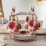 Florale Teetasse mit Untertasse und Löffel aus Bone China