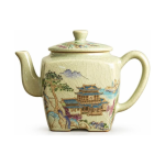 Gaiwan aus Keramik und Teekanne mit Landschaftsmotiv