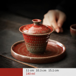 Gaiwan aus Porzellan in Granatrot — Breite Untertasse