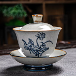 Gaiwan aus Porzellan mit blauem Dekor — Blumen und Blätter