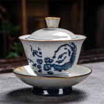 Gaiwan aus Porzellan mit blauem Dekor — Fische und Blumen