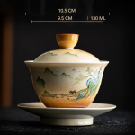 Gaiwan aus Porzellan mit Blumen und Landschaftsmotiven — Ockerfarbene Landschaft 130 ml