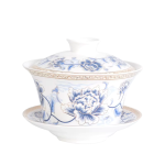 Gaiwan mit chinesischem Dekor, handbemalt — Blau-graue Blumen und Goldbeige