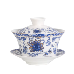 Gaiwan mit chinesischem Dekor, handbemalt — Dunkelblaue und goldene Arabesken