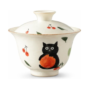 Gaiwan mit Katzenmotiv und Kirschdekor aus Keramik