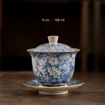 Gaiwan-Teekanne aus blau-weißem Porzellan — Hohe Schale mit Fußuntertasse