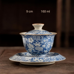 Gaiwan-Teekanne aus blau-weißem Porzellan — Runde Schale mit ausgestellter Untertasse