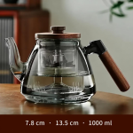 Glasteekanne aus Borosilikatglas mit Holzgriff — Niedrige Form mit dunklem Knauf
