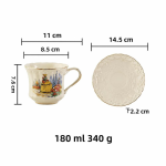 Handbemalte asiatische Teekanne aus Porzellan — Tasse mit Untertasse, 180 ml, gelbe Figur und Blumen
