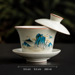 Handbemalter Gaiwan aus Dehua-Porzellan — Blau-türkise Landschaft