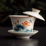 Handbemalter Gaiwan aus Dehua-Porzellan — Dunkelblaue und orangerote Blüten