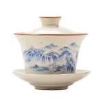 Handbemalter Gaiwan aus Dehua-Porzellan — Monochrome blaue Landschaft