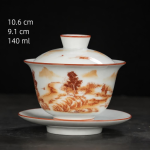 Handbemalter Gaiwan aus Dehua-Porzellan — Sepialandschaft