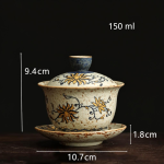 Handbemalter Gaiwan mit Blumenmotiv — Rund, gelborangefarbene Blumen
