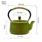 Japanische Gusseisen-Teekanne mit Teesieb aus Edelstahl — Olivgrün mit Blumen im Rastermuster — 850 ml