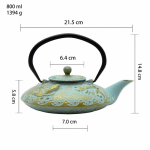 Japanische Gusseisen-Teekanne mit Teesieb aus Edelstahl — Türkisblau mit goldenen Blumen — 800 ml