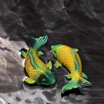 Koi-Tee-Figuren aus Kunstharz — Duo in Dunkelgrün und Gelbgrün