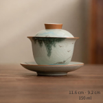 Porzellan-Gaiwan mit Craquelé-Dekor — Graugrüne Blätter