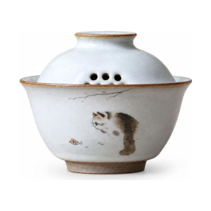 Porzellan-Gaiwan mit Katzenmotiv