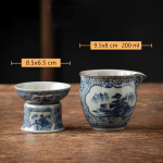 Porzellan-Teeservice mit Gaiwan oder Kanne — Fußtasse und Kanne, Landschaften und Gittermuster