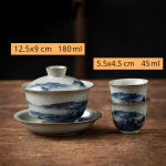 Porzellan-Teeservice mit Gaiwan oder Kanne — Gaiwan mit Tassen, blaue Landschaften