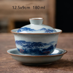 Porzellan-Teeservice mit Gaiwan oder Kanne — Gaiwan mit Untertasse, blaue Landschaften