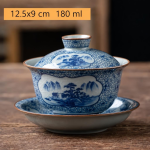 Porzellan-Teeservice mit Gaiwan oder Kanne — Gaiwan mit Untertasse, Landschaften und Gittermuster