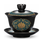 Schwarzer Gaiwan aus Porzellan mit Dekor