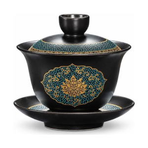 Schwarzer Gaiwan aus Porzellan mit Dekor