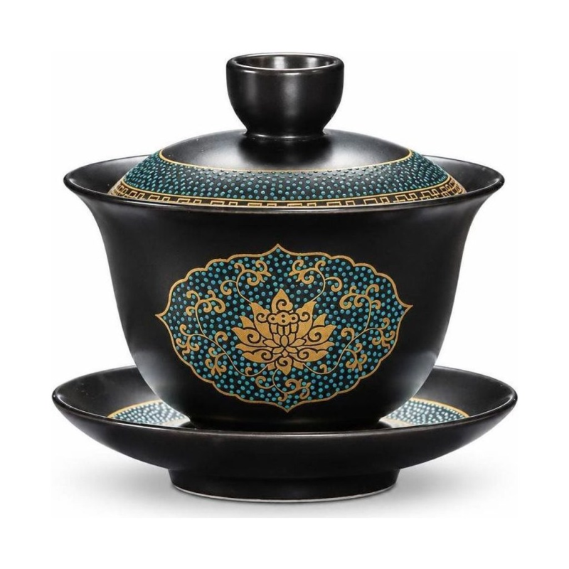 Schwarzer Gaiwan aus Porzellan mit Dekor