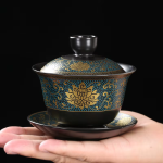 Schwarzer Gaiwan aus Porzellan mit Dekor