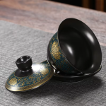 Schwarzer Gaiwan aus Porzellan mit Dekor