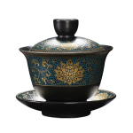 Schwarzer Gaiwan aus Porzellan mit Dekor