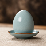Tea Pet in Eiform aus Craquelé-Keramik — Ei mit Untertasse