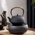 Teekanne aus Gusseisen, Teetasse und Untersetzer