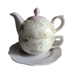 Teekanne mit Tasse für 1 Person mit Blumendekor — Elfenbein und blasses Mauve