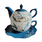 Teekanne mit Tasse für 1 Person mit Blumendekor — Weiß und kräftiges Blau