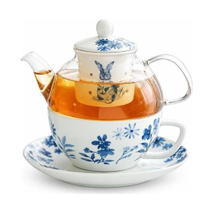 Teeservice mit Glasteekanne und blauem Hasenmotiv