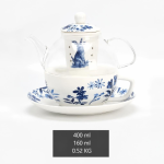 Teeservice mit Glasteekanne und blauem Hasenmotiv
